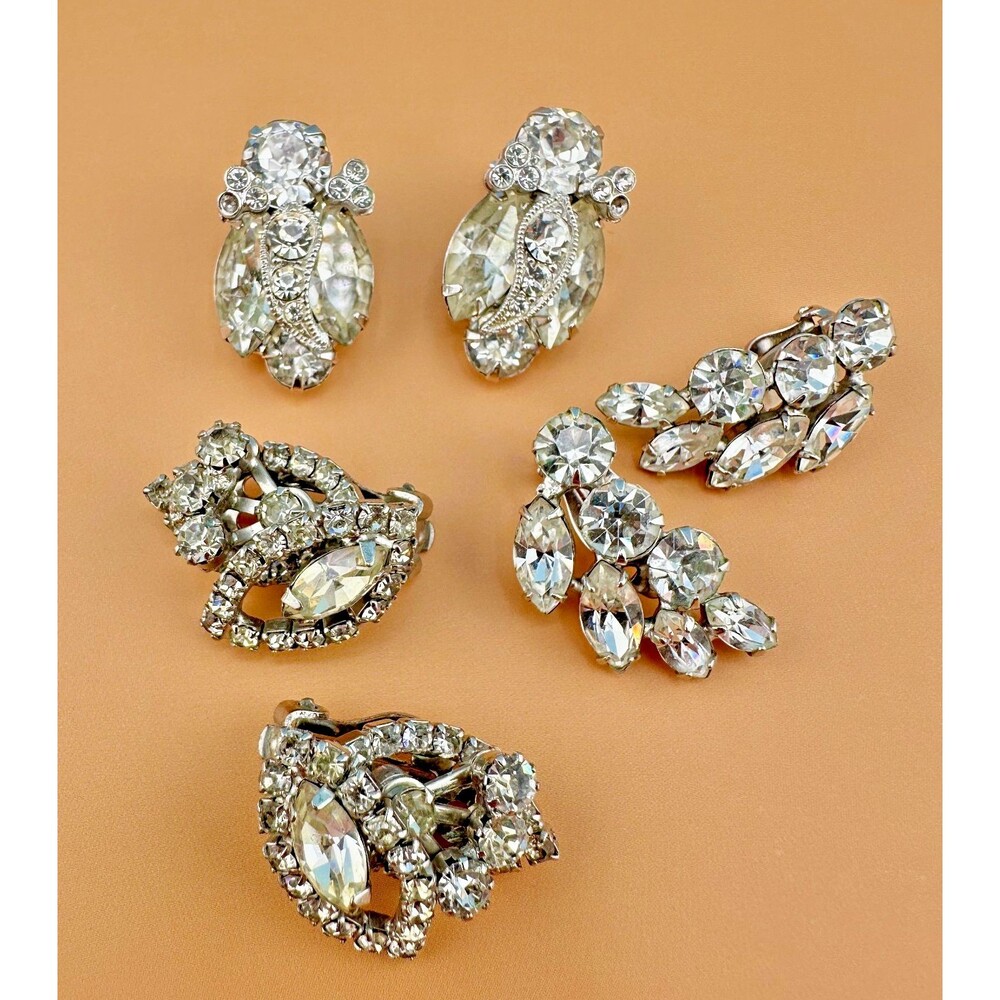 Vintage Designer Rhinestone Earrings Lot Diamante Crystal Silver Tone Clip On